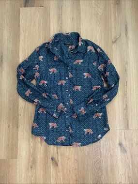 J. Crew Silk Navy Button-Up Shirt with Orange Tiger Motif